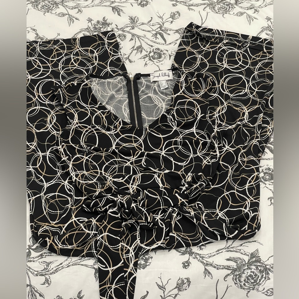 Joseph Ribkoff Black Jumpsuit with Cream and Taupe Circle Print